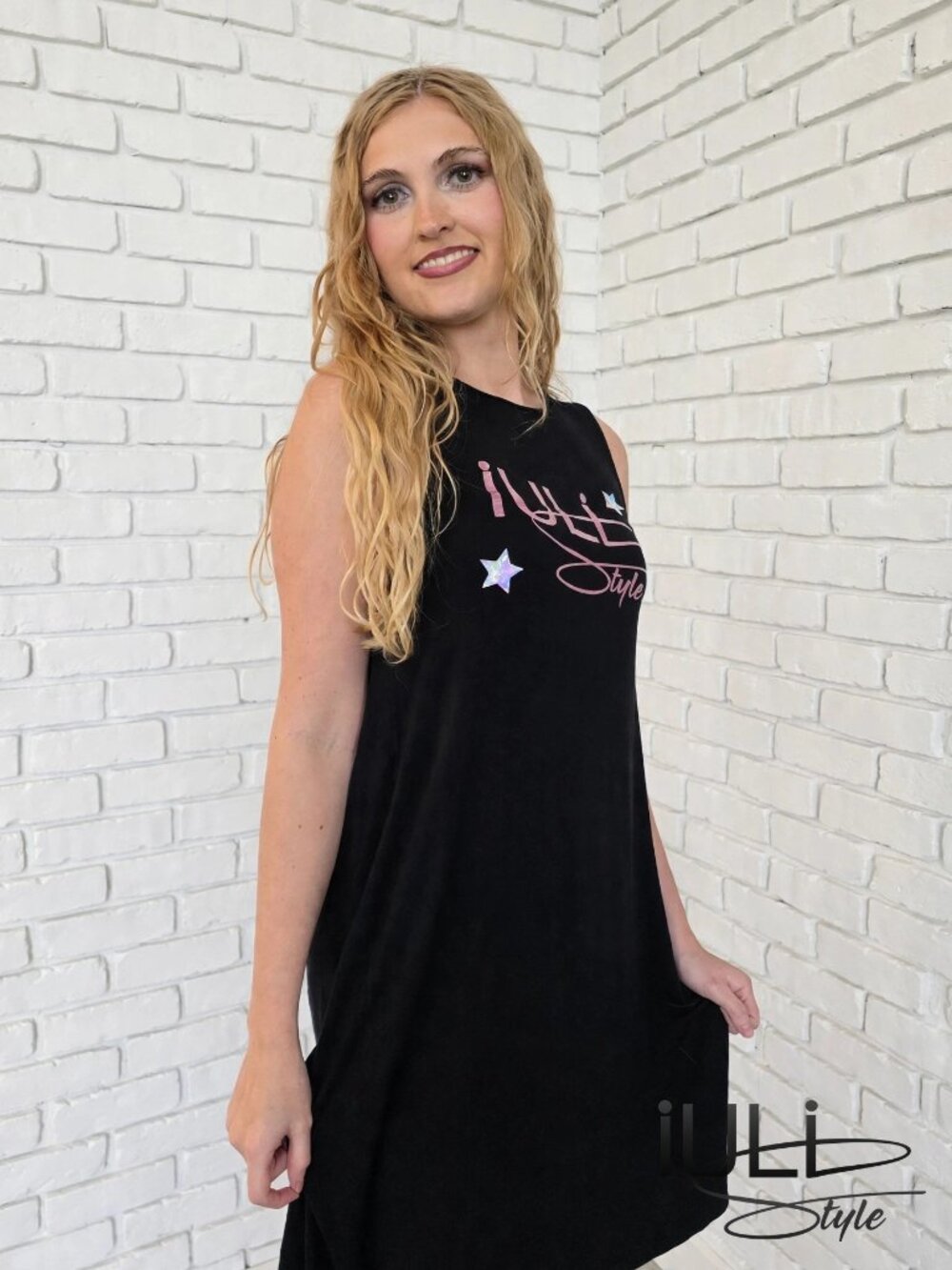 iULi Style Black Sleeveless Swing Mini Dress with Pink Logo and Stars